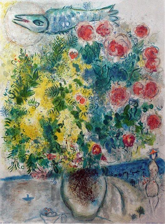 Rosas y Mimosas de Niza, la Costa Azul, litografía en color contemporánea de Marc Chagall Pintura al óleo